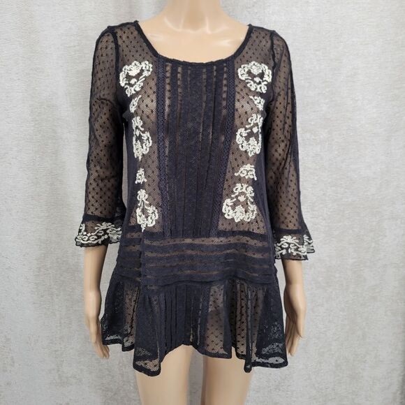 Free People Jocelyn Victorian Style Lace Tunic Top Gothic Swiss Dot Sheer Mesh - Picture 2 of 14